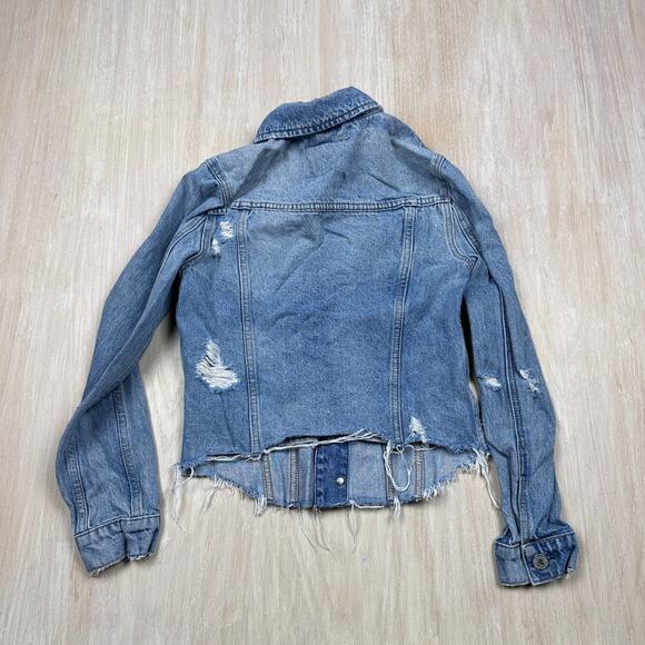 BLANK NYC Blue Raw Hem Distressed Denim Casual Button Front Trucker Jacket XS - Picture 6 of 13